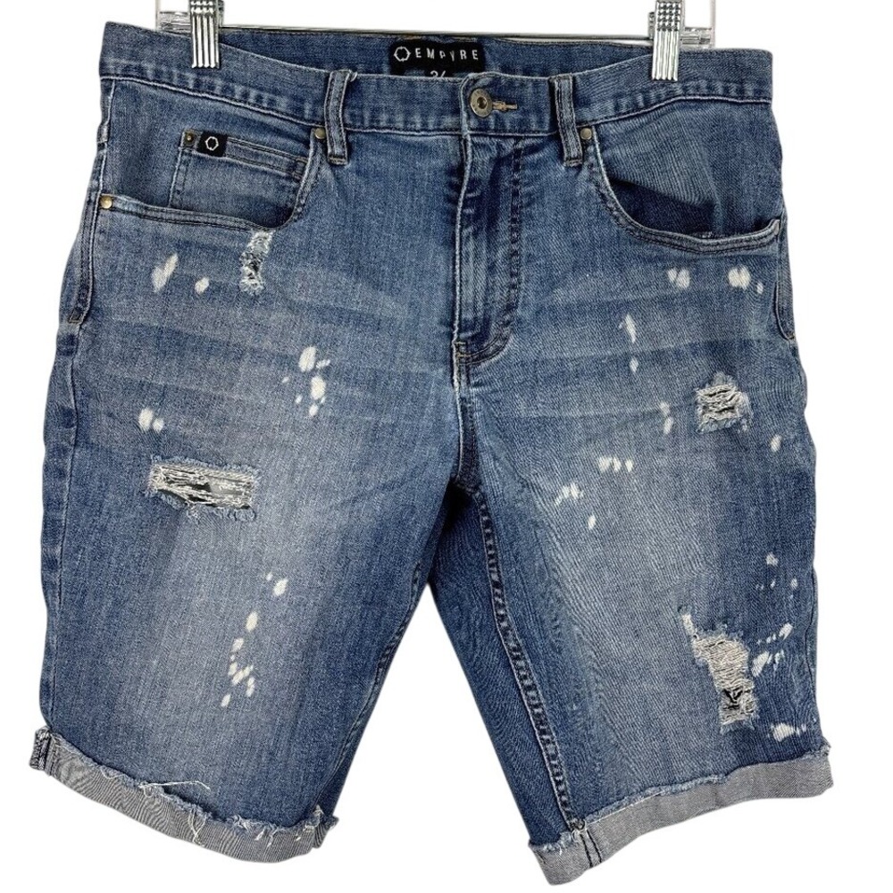 Empyre Denim Shorts Men's Size 34 Y2K Blue Distressed Cuffed Hem 11" Inseam